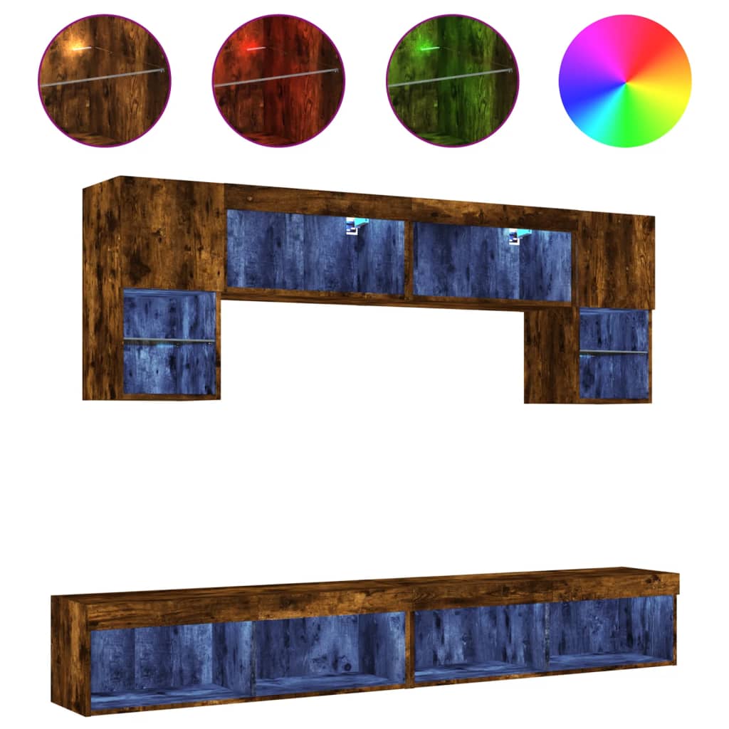 6-delige tv-wandmeubelset met LED bewerkt hout gerookt eiken is nu te koop bij PeponiXL, paradijselijk wonen!