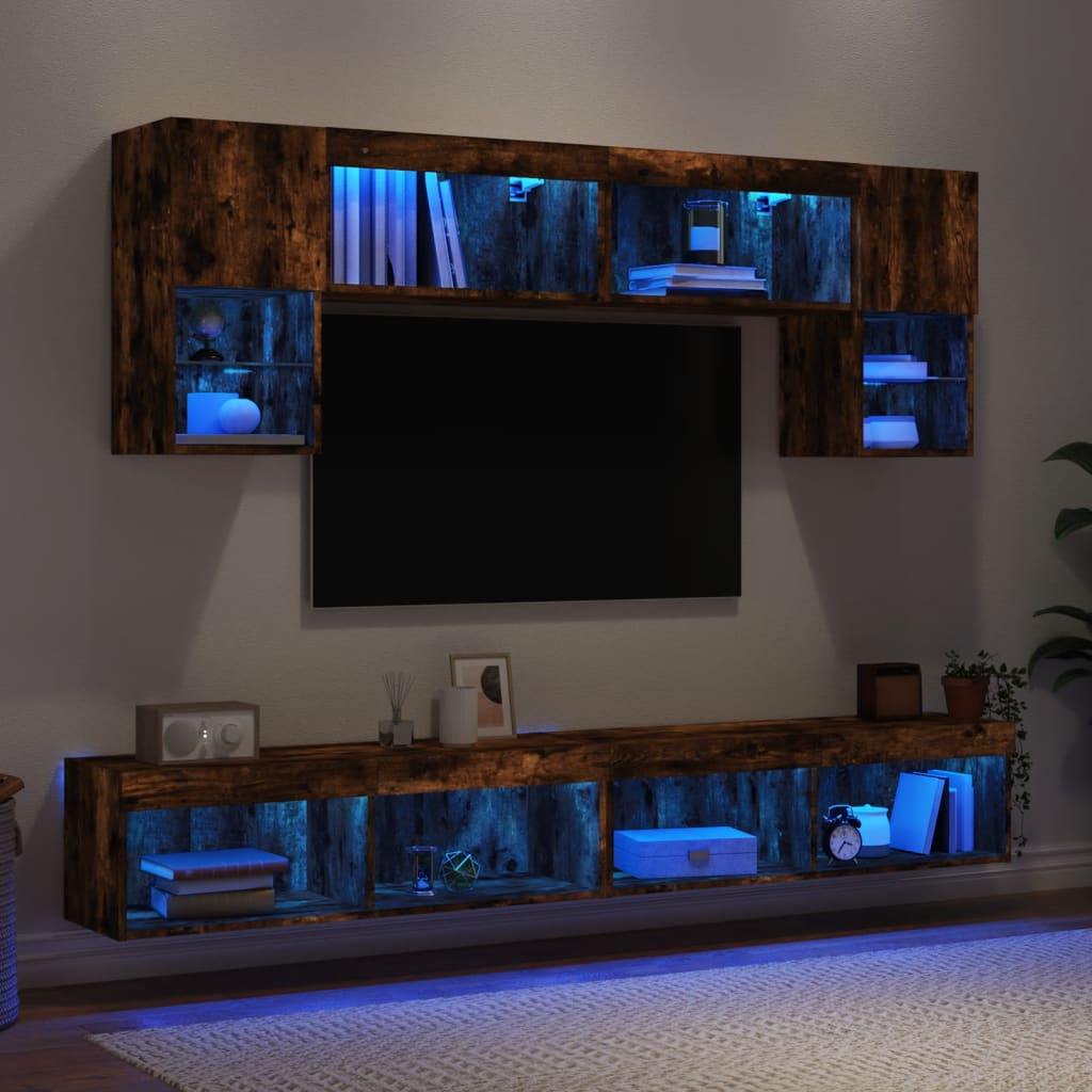 6-delige tv-wandmeubelset met LED bewerkt hout gerookt eiken is nu te koop bij PeponiXL, paradijselijk wonen!
