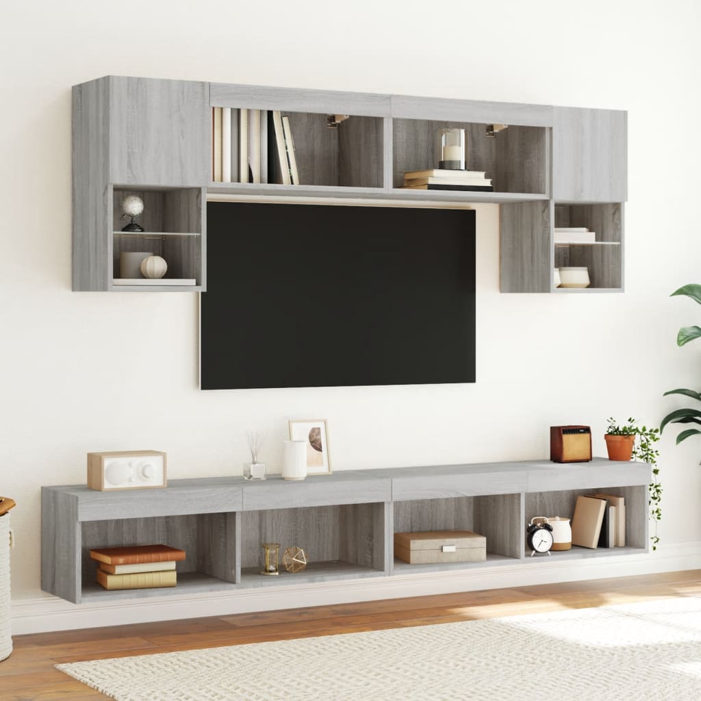 6-delige Tv-wandmeubelset met LED grijs sonoma eikenkleurig is nu te koop bij PeponiXL, paradijselijk wonen!