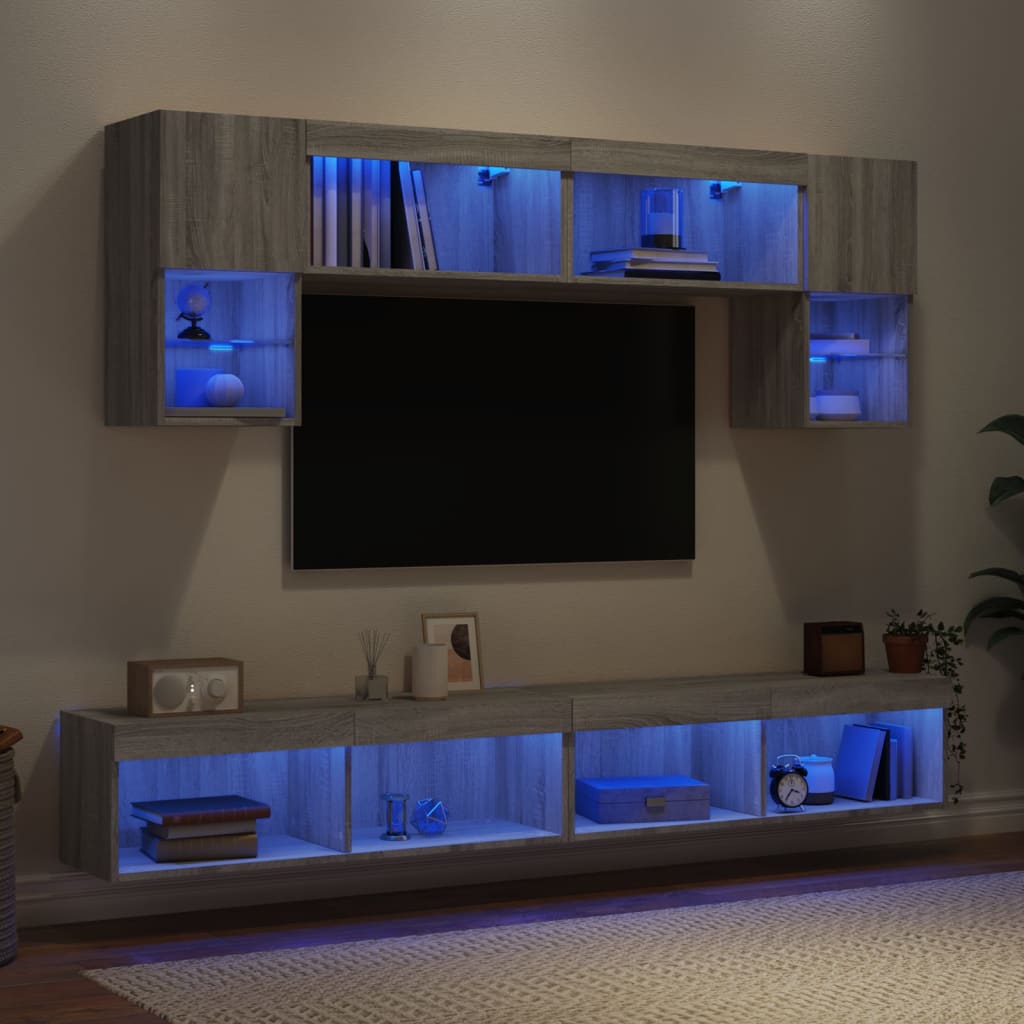 6-delige Tv-wandmeubelset met LED grijs sonoma eikenkleurig is nu te koop bij PeponiXL, paradijselijk wonen!