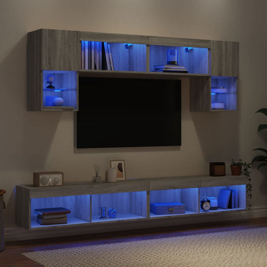 6-delige Tv-wandmeubelset met LED grijs sonoma eikenkleurig is nu te koop bij PeponiXL, paradijselijk wonen!