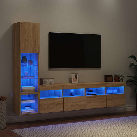 4-delige Tv-wandmeubelset met LED bewerkt hout sonoma eiken is nu te koop bij PeponiXL, paradijselijk wonen!
