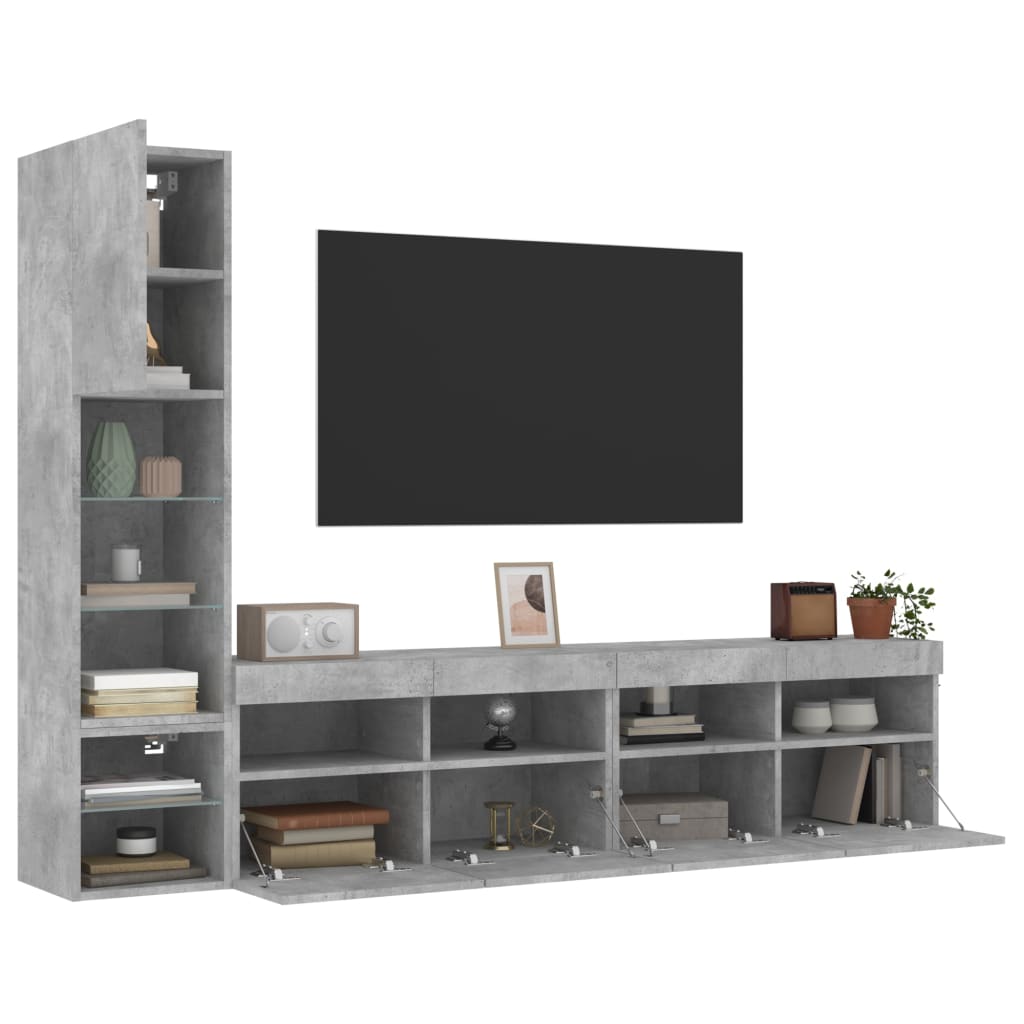4-delige Tv-wandmeubelset met LED bewerkt hout betongrijs is nu te koop bij PeponiXL, paradijselijk wonen!