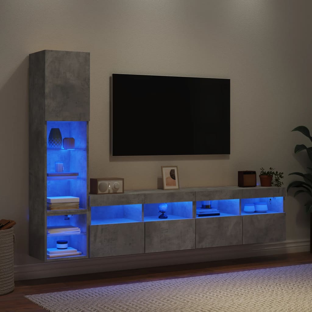 4-delige Tv-wandmeubelset met LED bewerkt hout betongrijs is nu te koop bij PeponiXL, paradijselijk wonen!