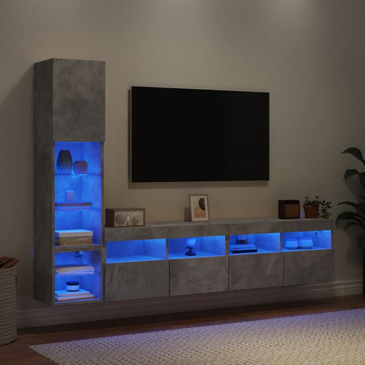 4-delige Tv-wandmeubelset met LED bewerkt hout betongrijs is nu te koop bij PeponiXL, paradijselijk wonen!