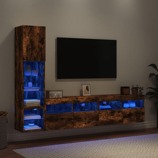 8-delige tv-wandmeubelset met LED bewerkt hout gerookt eiken is nu te koop bij PeponiXL, paradijselijk wonen!