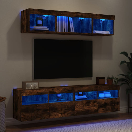 5-delige tv-wandmeubelset met LED bewerkt hout gerookt eiken is nu te koop bij PeponiXL, paradijselijk wonen!