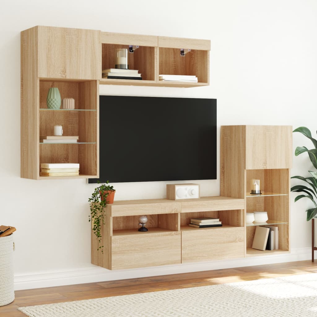 5-delige Tv-wandmeubelset met LED bewerkt hout sonoma eiken is nu te koop bij PeponiXL, paradijselijk wonen!