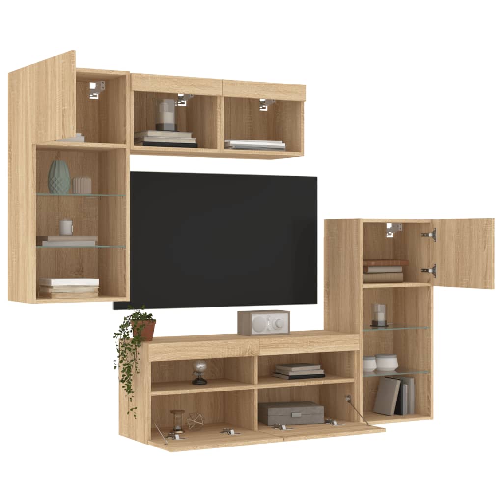 5-delige Tv-wandmeubelset met LED bewerkt hout sonoma eiken is nu te koop bij PeponiXL, paradijselijk wonen!