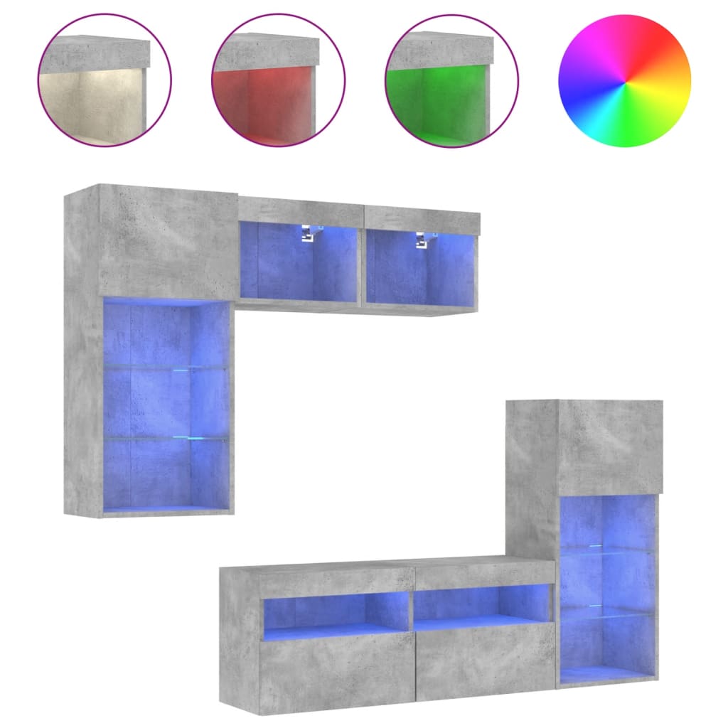 5-delige Tv-wandmeubelset met LED bewerkt hout betongrijs is nu te koop bij PeponiXL, paradijselijk wonen!