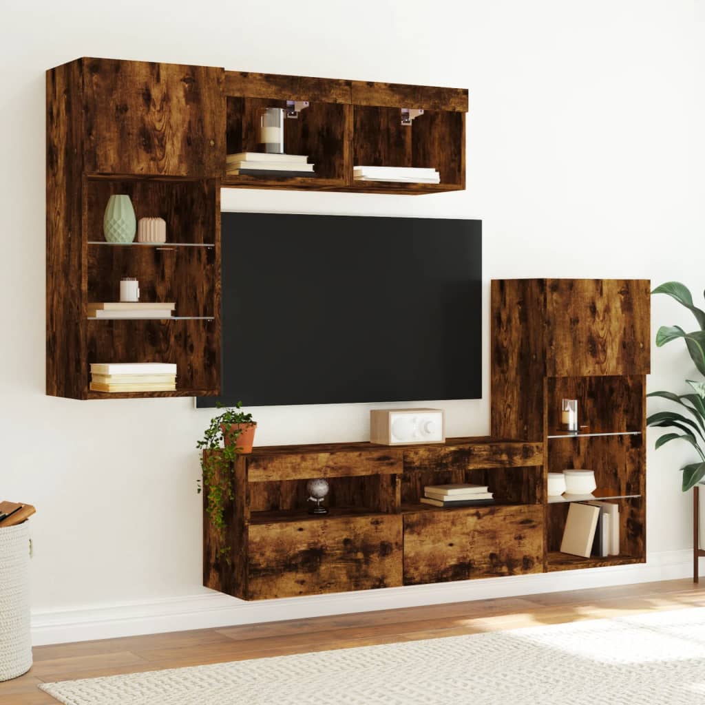 5-delige tv-wandmeubelset met LED bewerkt hout gerookt eiken is nu te koop bij PeponiXL, paradijselijk wonen!