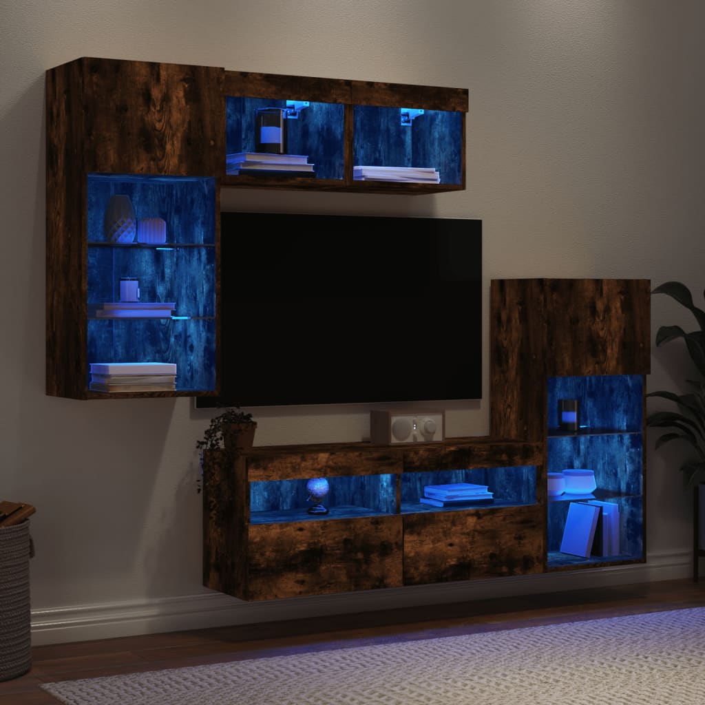 5-delige tv-wandmeubelset met LED bewerkt hout gerookt eiken is nu te koop bij PeponiXL, paradijselijk wonen!
