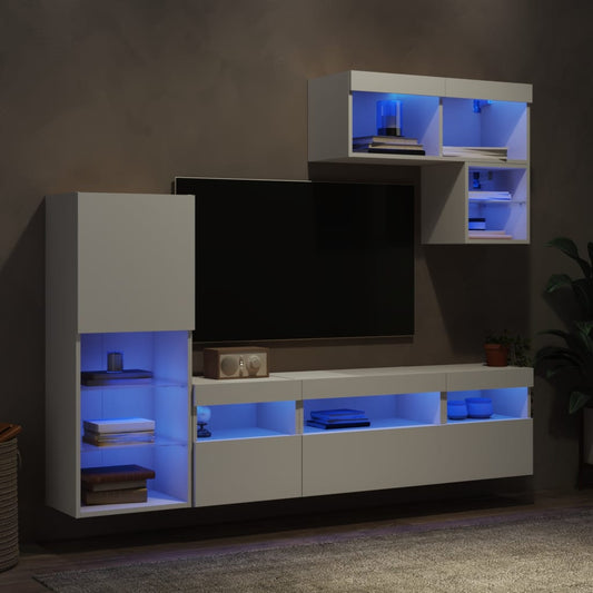 6-delige Tv-wandmeubelset met LED-verlichting bewerkt hout wit is nu te koop bij PeponiXL, paradijselijk wonen!