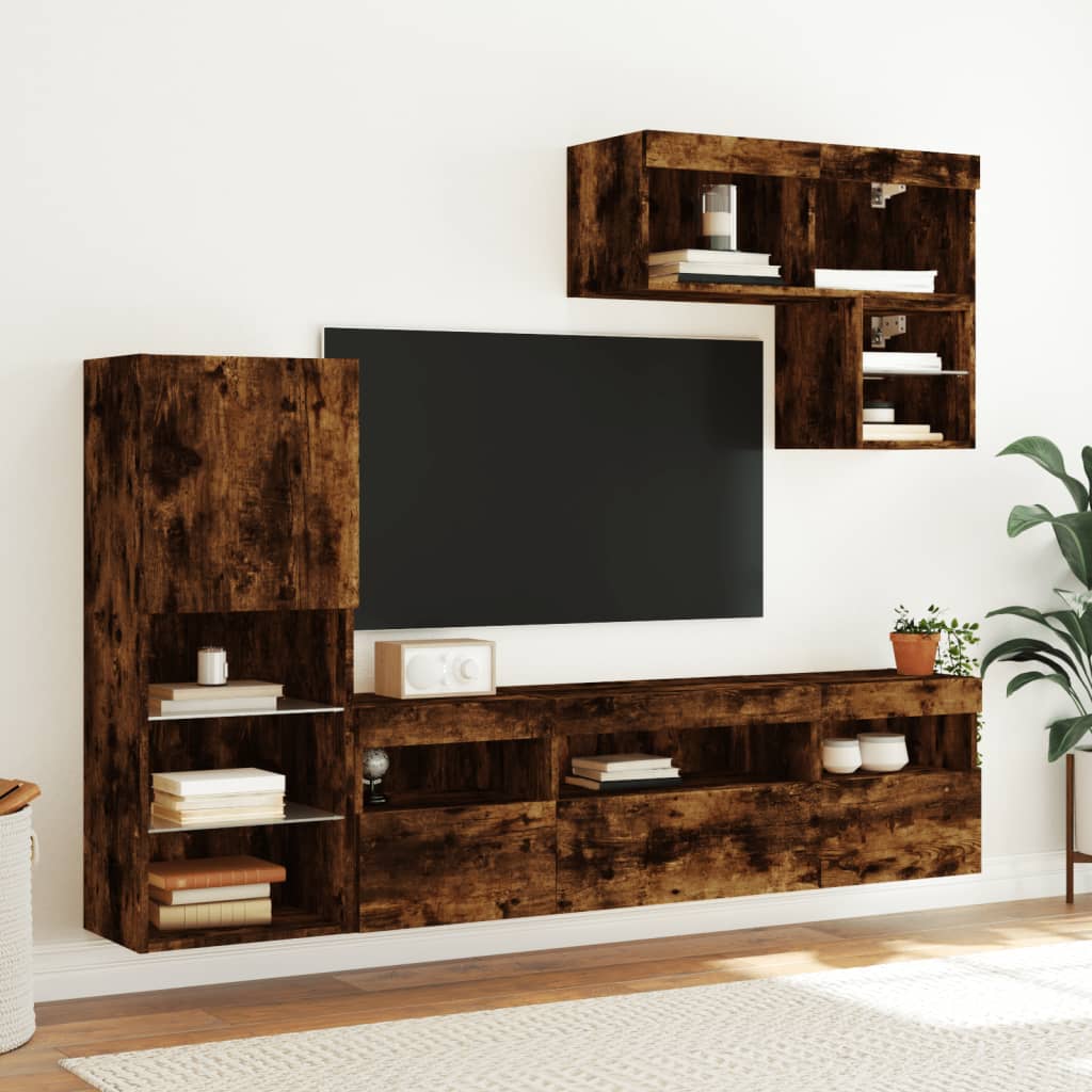 6-delige tv-wandmeubelset met LED bewerkt hout gerookt eiken is nu te koop bij PeponiXL, paradijselijk wonen!