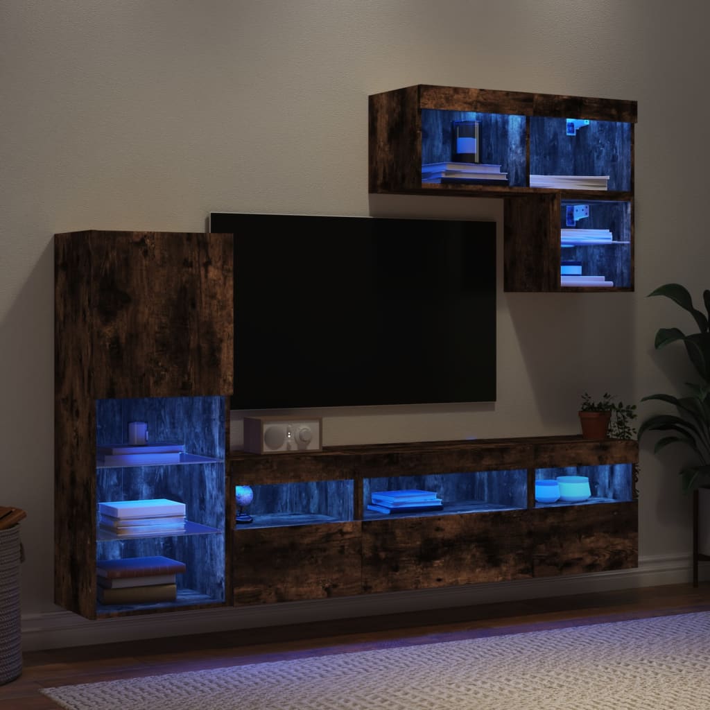 6-delige tv-wandmeubelset met LED bewerkt hout gerookt eiken is nu te koop bij PeponiXL, paradijselijk wonen!