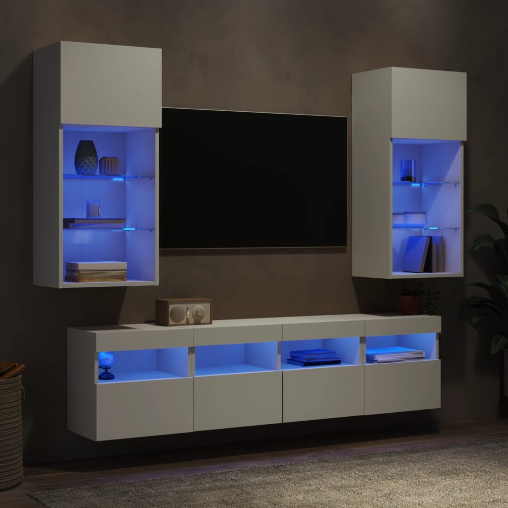 5-delige Tv-wandmeubelset met LED-verlichting bewerkt hout wit is nu te koop bij PeponiXL, paradijselijk wonen!