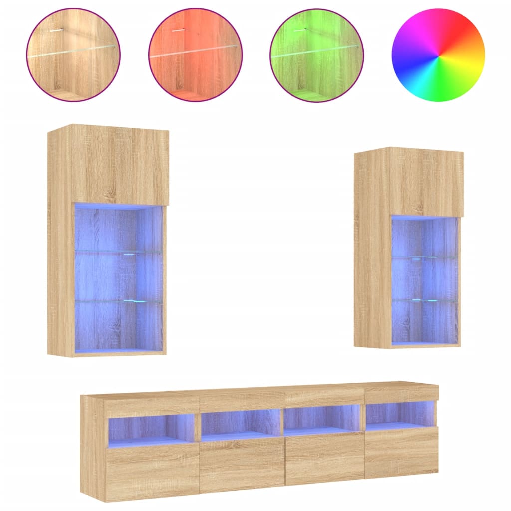 5-delige Tv-wandmeubelset met LED bewerkt hout sonoma eiken is nu te koop bij PeponiXL, paradijselijk wonen!