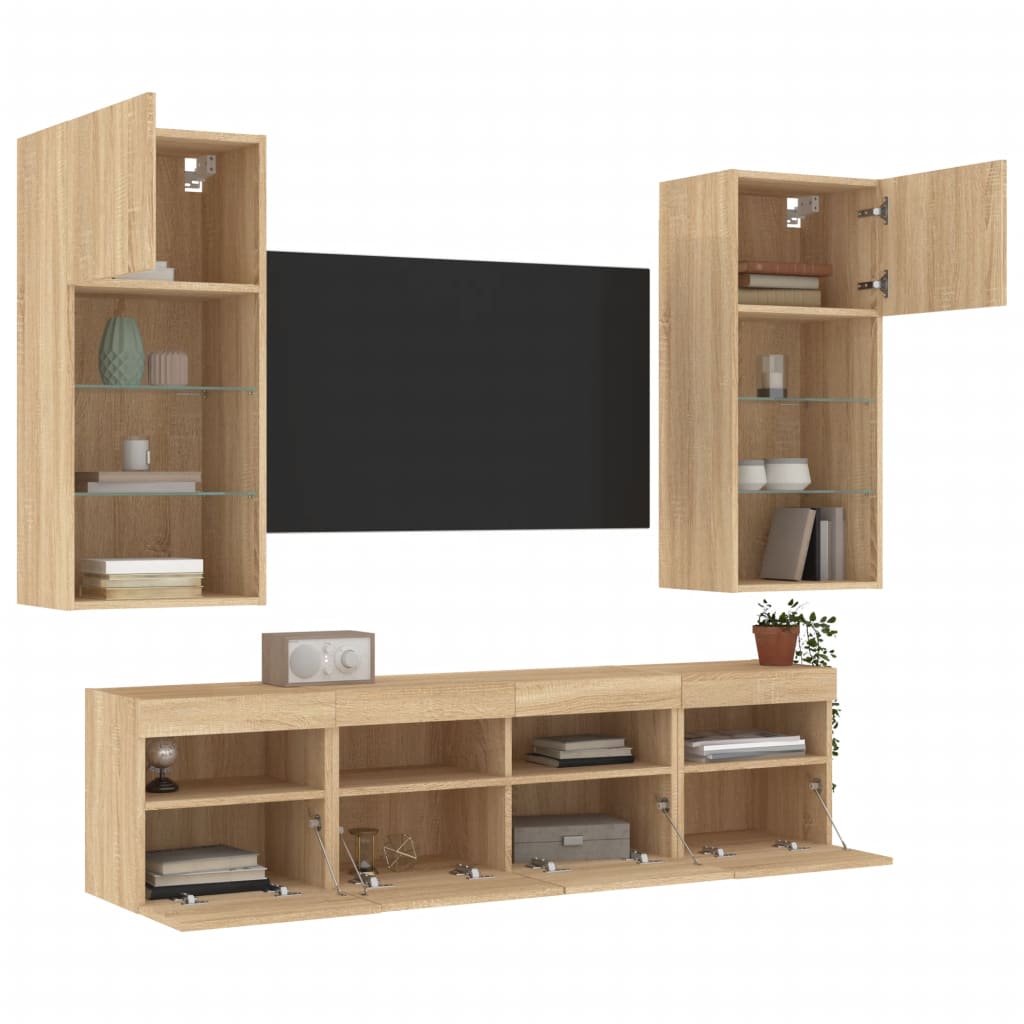 5-delige Tv-wandmeubelset met LED bewerkt hout sonoma eiken is nu te koop bij PeponiXL, paradijselijk wonen!