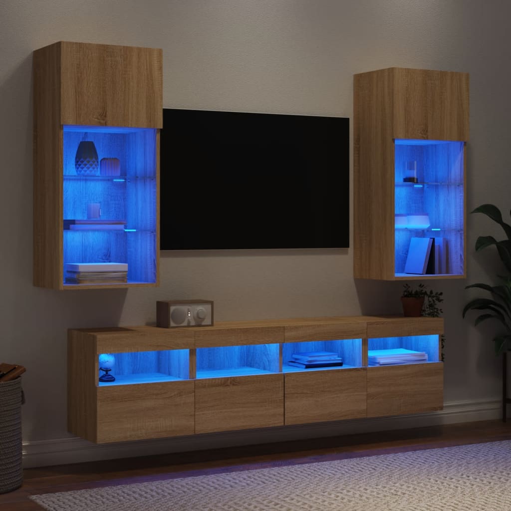 5-delige Tv-wandmeubelset met LED bewerkt hout sonoma eiken is nu te koop bij PeponiXL, paradijselijk wonen!