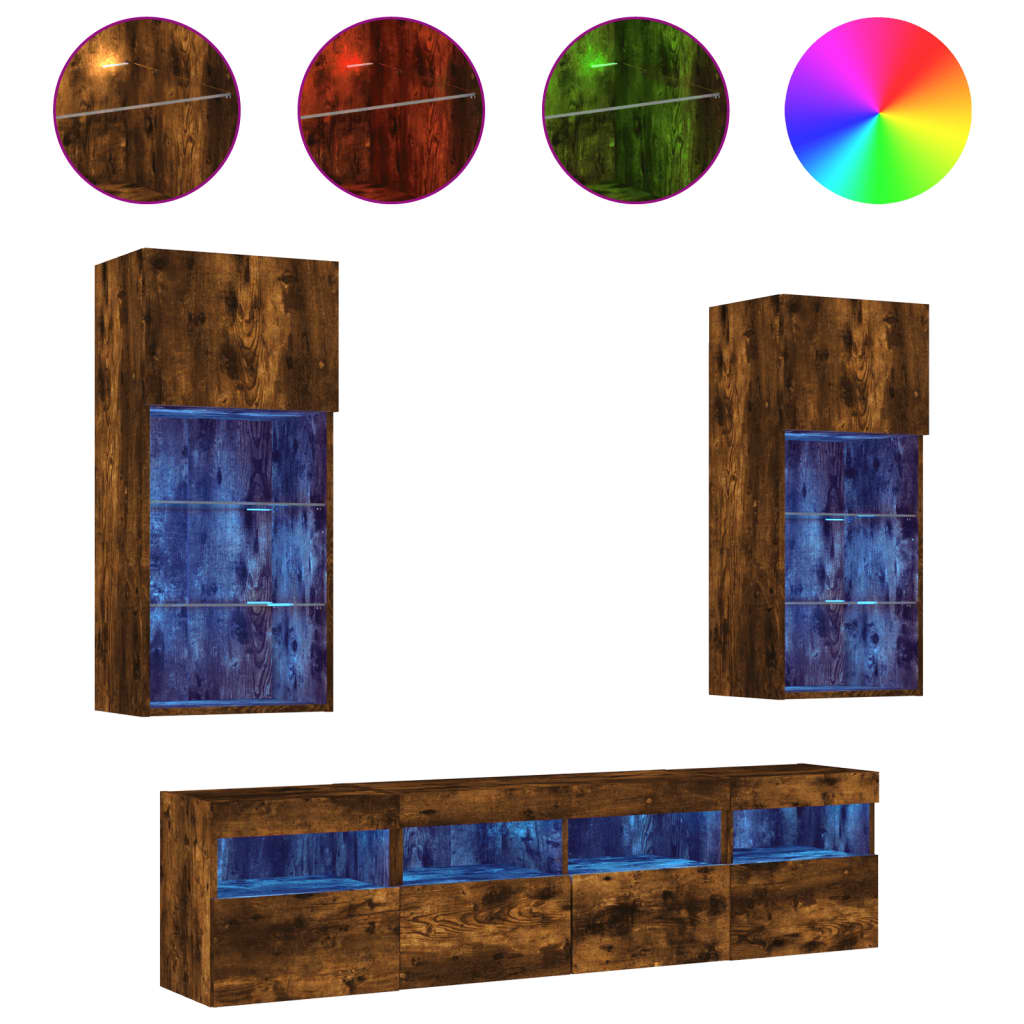 5-delige tv-wandmeubelset met LED bewerkt hout gerookt eiken is nu te koop bij PeponiXL, paradijselijk wonen!
