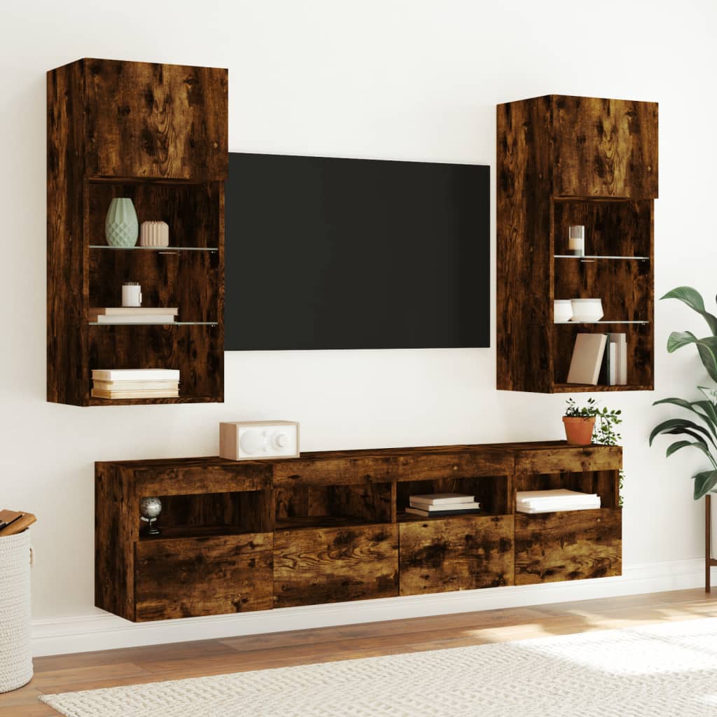 5-delige tv-wandmeubelset met LED bewerkt hout gerookt eiken is nu te koop bij PeponiXL, paradijselijk wonen!