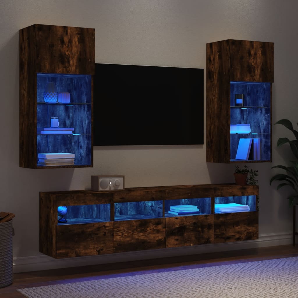 5-delige tv-wandmeubelset met LED bewerkt hout gerookt eiken is nu te koop bij PeponiXL, paradijselijk wonen!