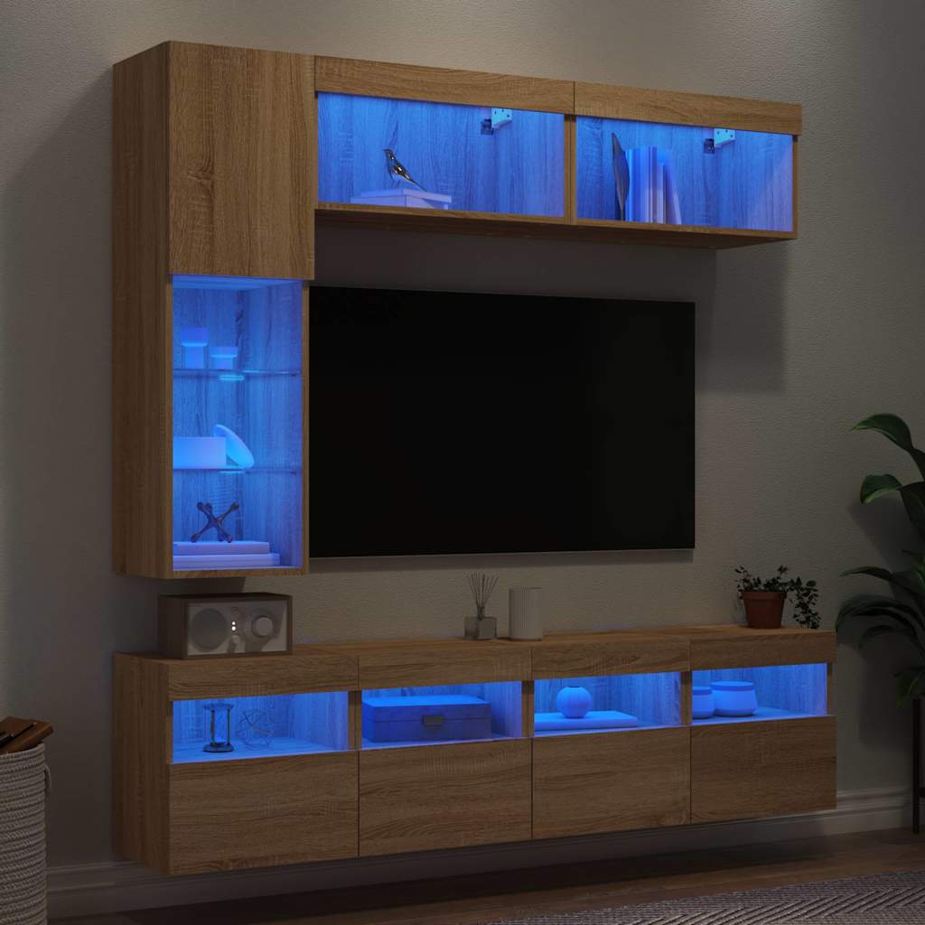 7-delige Tv-wandmeubelset met LED-verlichting sonoma eikenkleur is nu te koop bij PeponiXL, paradijselijk wonen!
