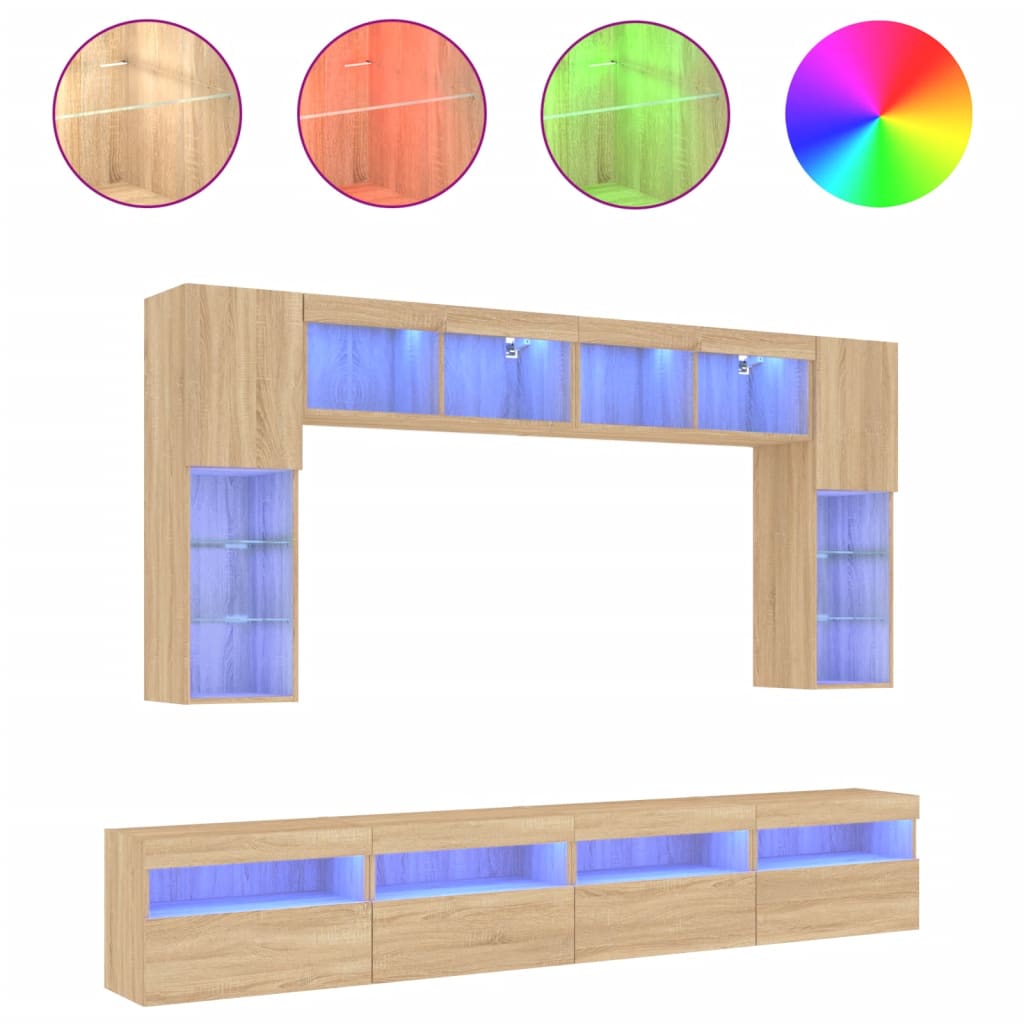 8-delige Tv-wandmeubelset met LED-verlichting sonoma eikenkleur is nu te koop bij PeponiXL, paradijselijk wonen!