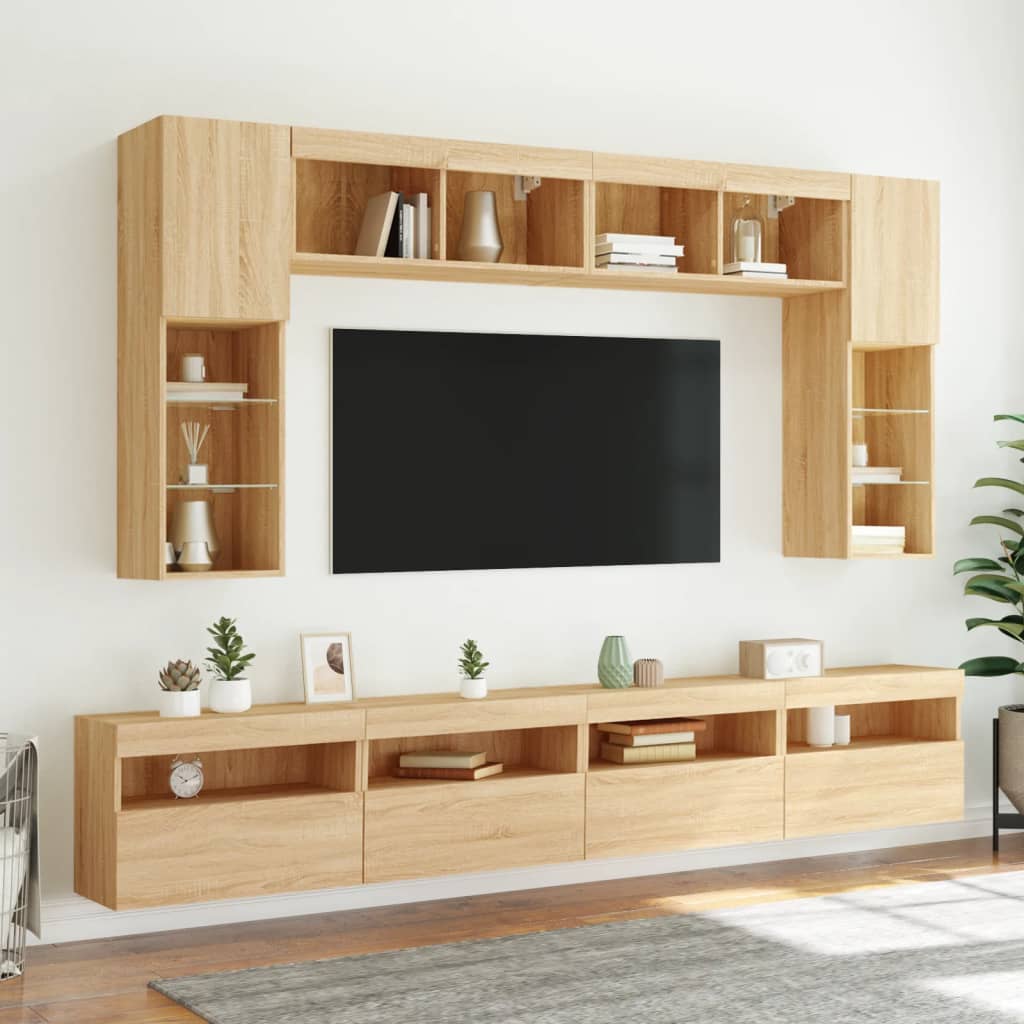 8-delige Tv-wandmeubelset met LED-verlichting sonoma eikenkleur is nu te koop bij PeponiXL, paradijselijk wonen!