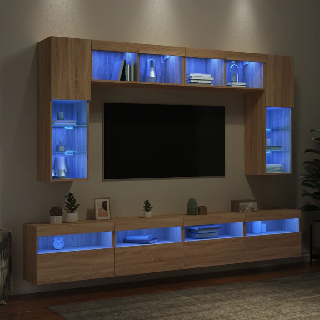 8-delige Tv-wandmeubelset met LED-verlichting sonoma eikenkleur is nu te koop bij PeponiXL, paradijselijk wonen!