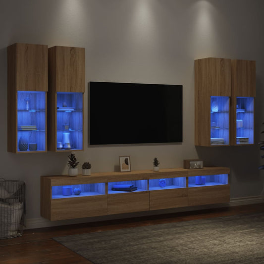 7-delige Tv-wandmeubelset met LED-verlichting sonoma eikenkleur is nu te koop bij PeponiXL, paradijselijk wonen!