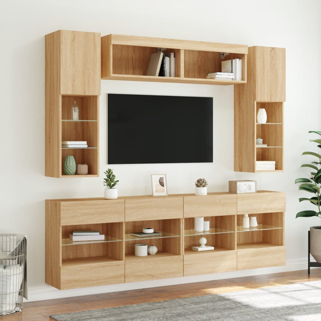 6-delige Tv-wandmeubelset met LED-verlichting sonoma eikenkleur is nu te koop bij PeponiXL, paradijselijk wonen!