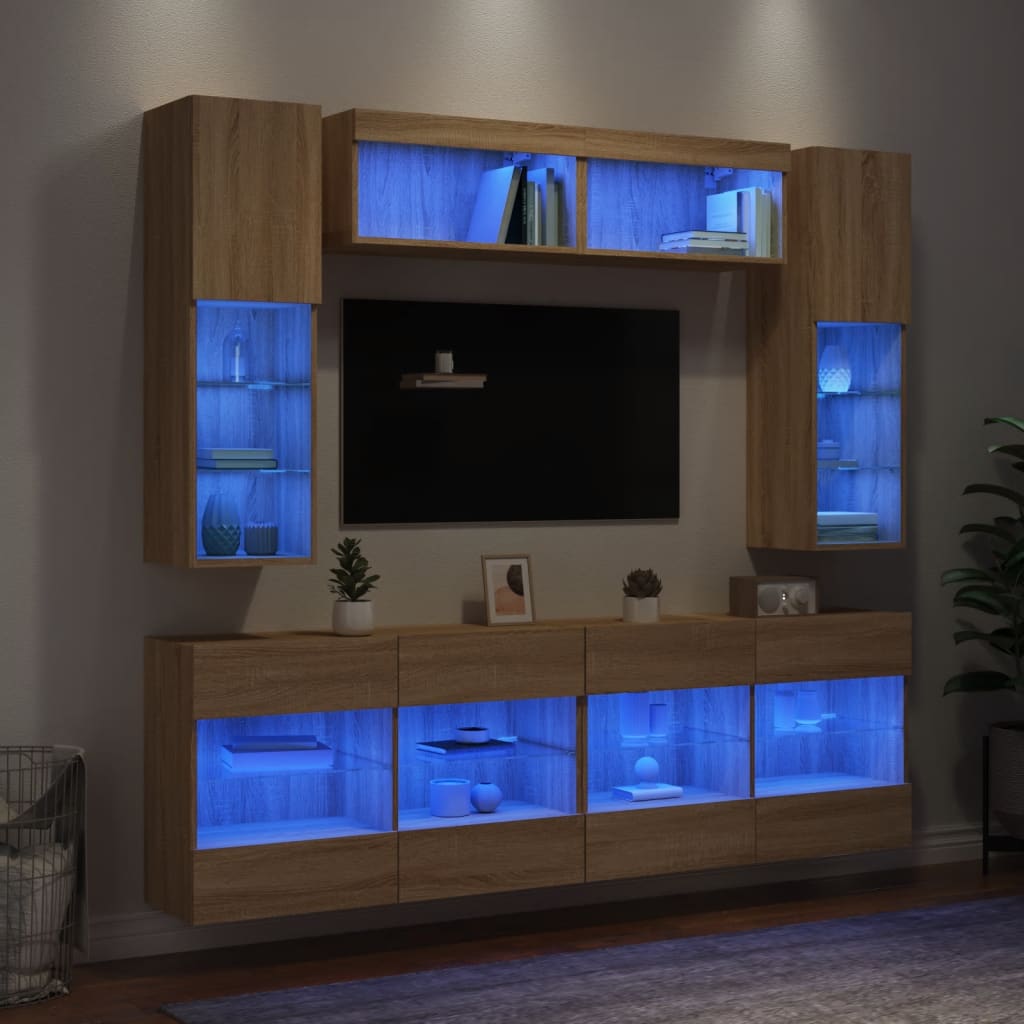 6-delige Tv-wandmeubelset met LED-verlichting sonoma eikenkleur is nu te koop bij PeponiXL, paradijselijk wonen!