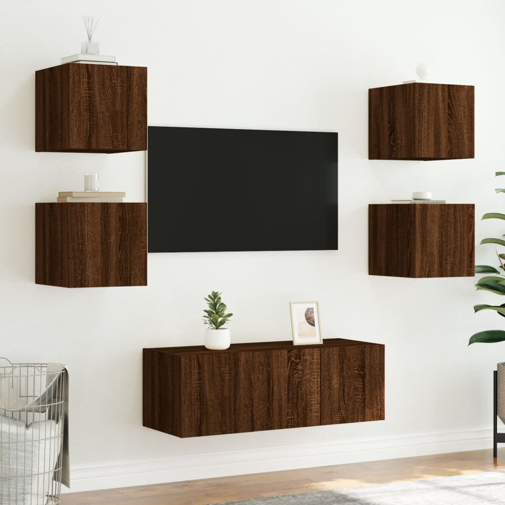 6-delige Tv-wandmeubelset met LED bewerkt hout bruineikenkleur is nu te koop bij PeponiXL, paradijselijk wonen!