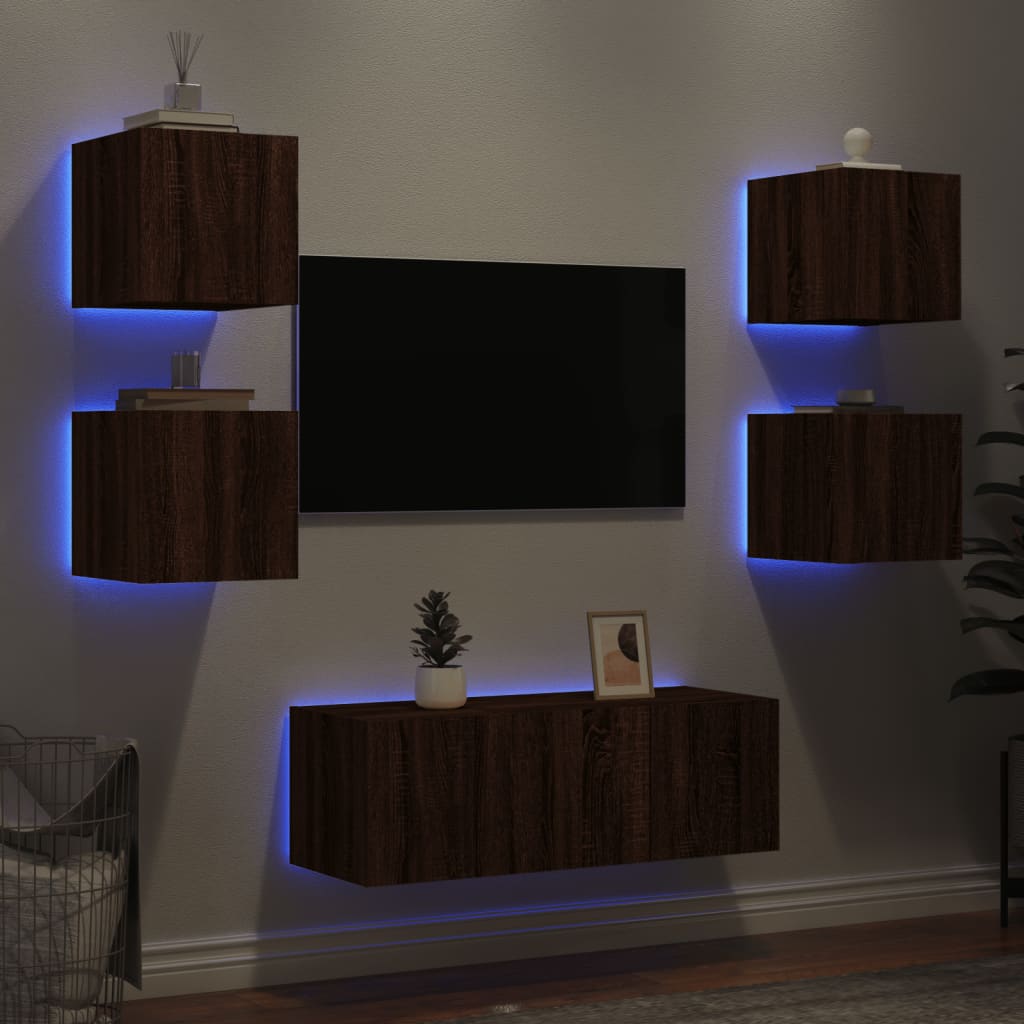 6-delige Tv-wandmeubelset met LED bewerkt hout bruineikenkleur is nu te koop bij PeponiXL, paradijselijk wonen!