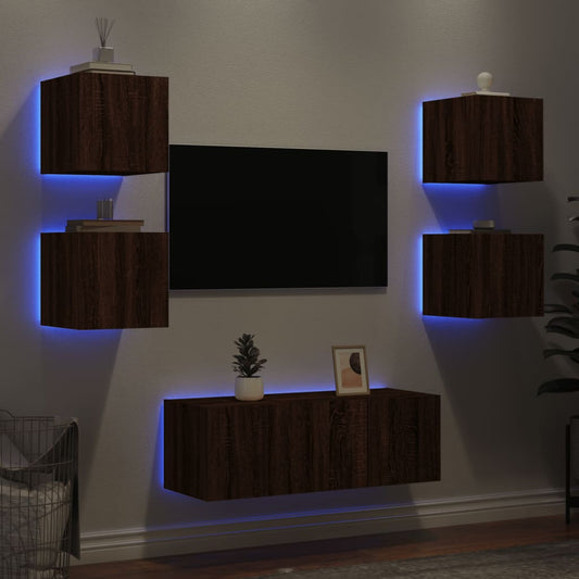 6-delige Tv-wandmeubelset met LED bewerkt hout bruineikenkleur is nu te koop bij PeponiXL, paradijselijk wonen!