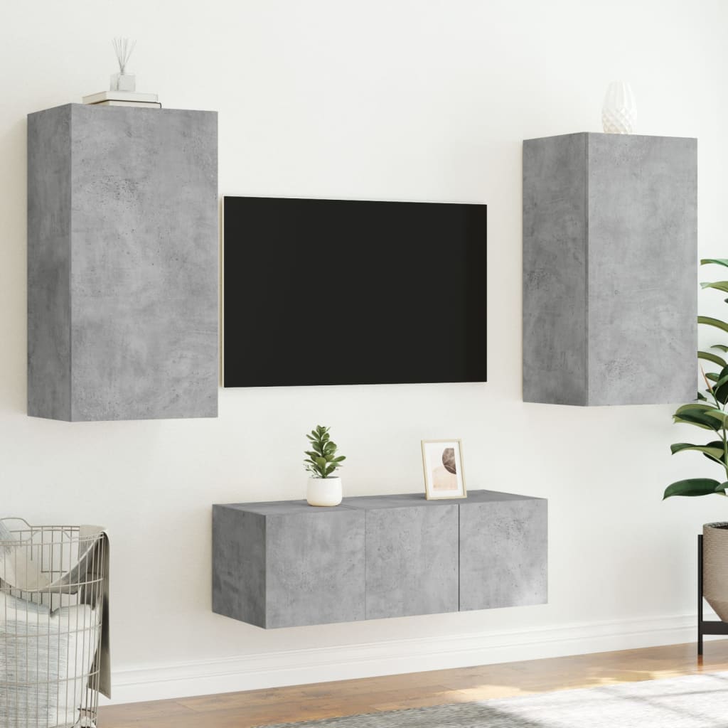 4-delige Tv-wandmeubelset met LED bewerkt hout betongrijs is nu te koop bij PeponiXL, paradijselijk wonen!