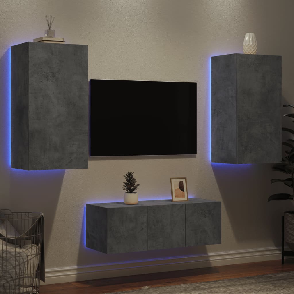 4-delige Tv-wandmeubelset met LED bewerkt hout betongrijs is nu te koop bij PeponiXL, paradijselijk wonen!