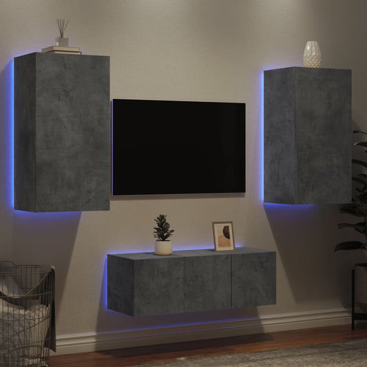 4-delige Tv-wandmeubelset met LED bewerkt hout betongrijs is nu te koop bij PeponiXL, paradijselijk wonen!