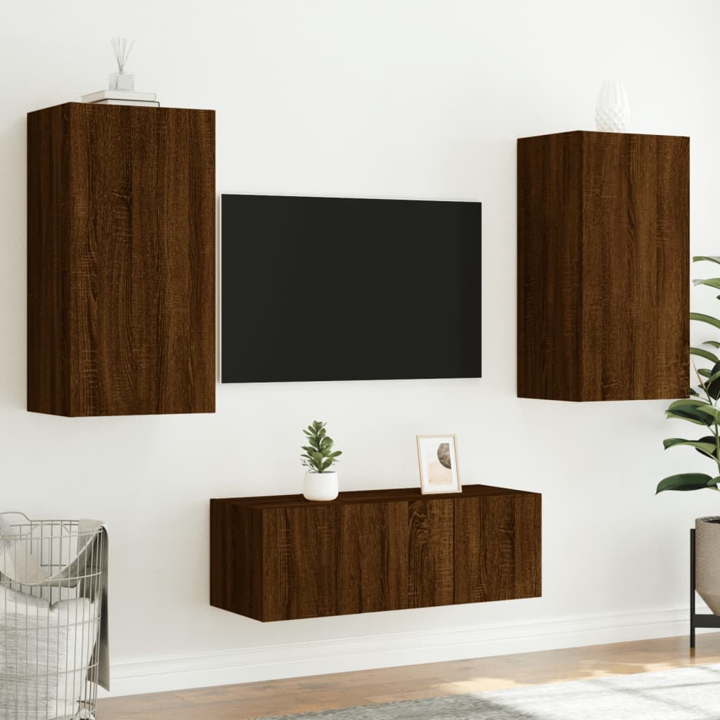 4-delige Tv-wandmeubelset met LED bewerkt hout bruineikenkleur is nu te koop bij PeponiXL, paradijselijk wonen!