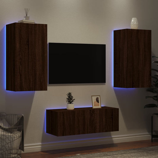4-delige Tv-wandmeubelset met LED bewerkt hout bruineikenkleur is nu te koop bij PeponiXL, paradijselijk wonen!