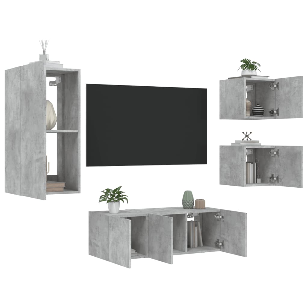 5-delige Tv-wandmeubelset met LED bewerkt hout betongrijs is nu te koop bij PeponiXL, paradijselijk wonen!