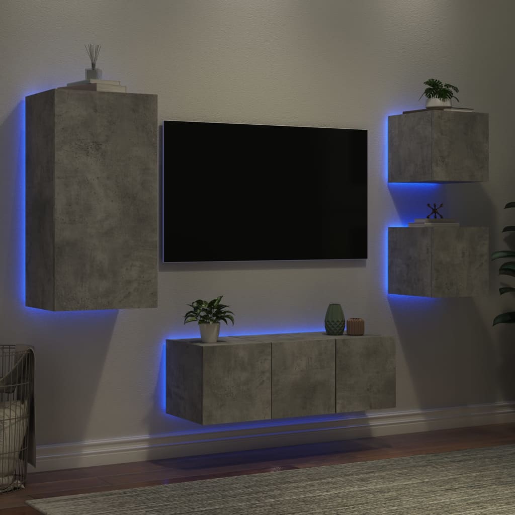 5-delige Tv-wandmeubelset met LED bewerkt hout betongrijs is nu te koop bij PeponiXL, paradijselijk wonen!
