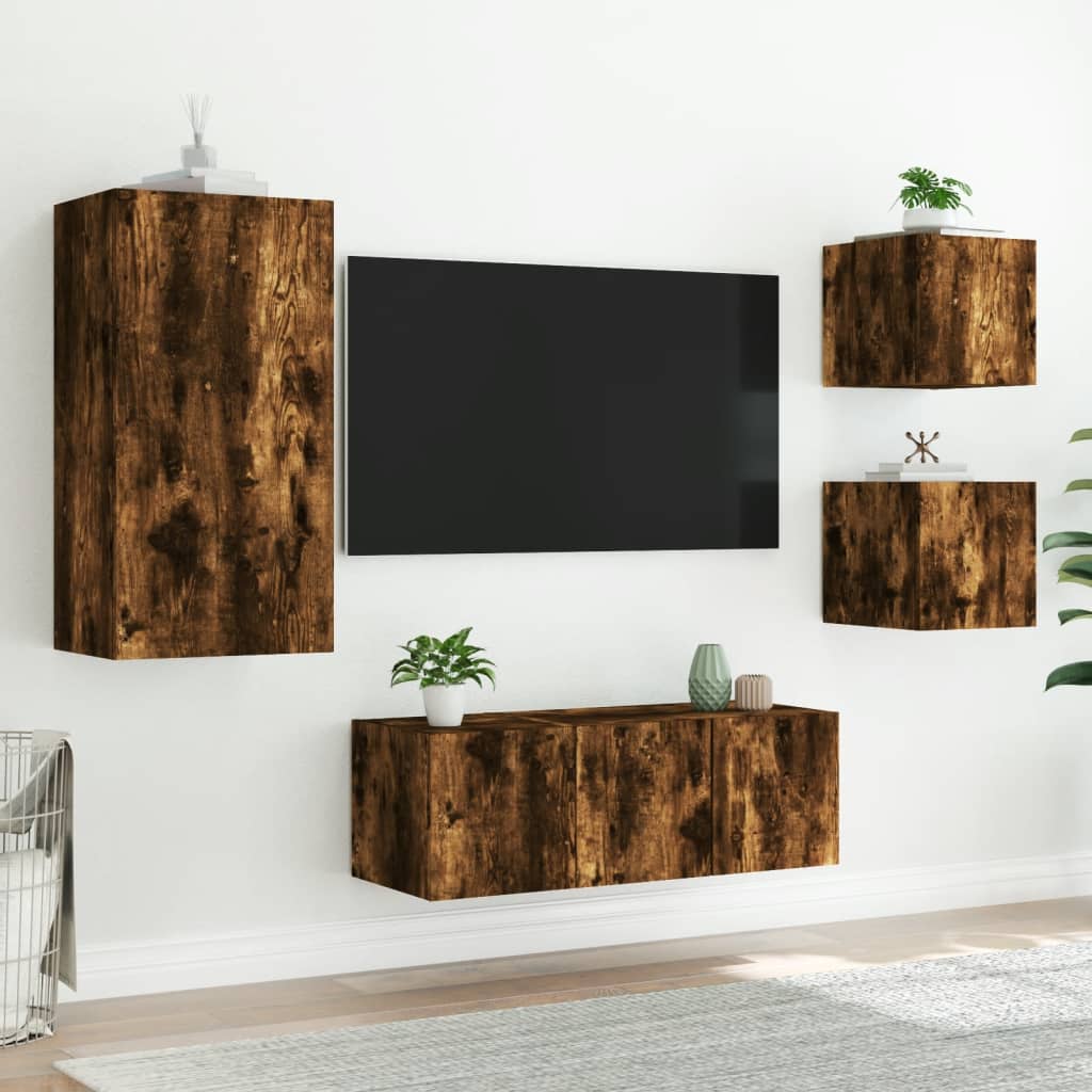 5-delige tv-wandmeubelset met LED bewerkt hout gerookt eiken is nu te koop bij PeponiXL, paradijselijk wonen!