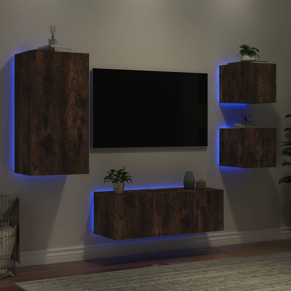 5-delige tv-wandmeubelset met LED bewerkt hout gerookt eiken is nu te koop bij PeponiXL, paradijselijk wonen!