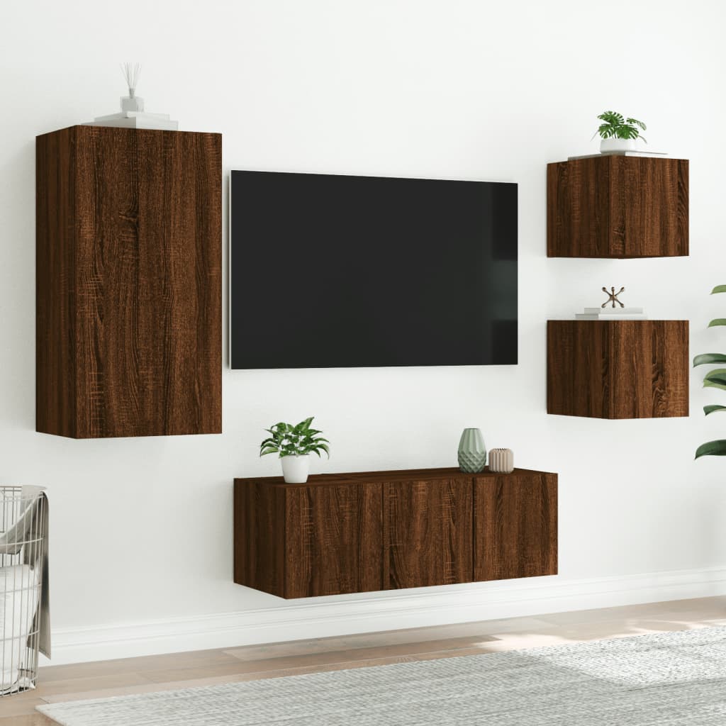 5-delige Tv-wandmeubelset met LED bewerkt hout bruineikenkleur is nu te koop bij PeponiXL, paradijselijk wonen!