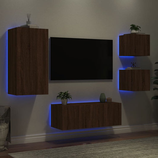 5-delige Tv-wandmeubelset met LED bewerkt hout bruineikenkleur is nu te koop bij PeponiXL, paradijselijk wonen!