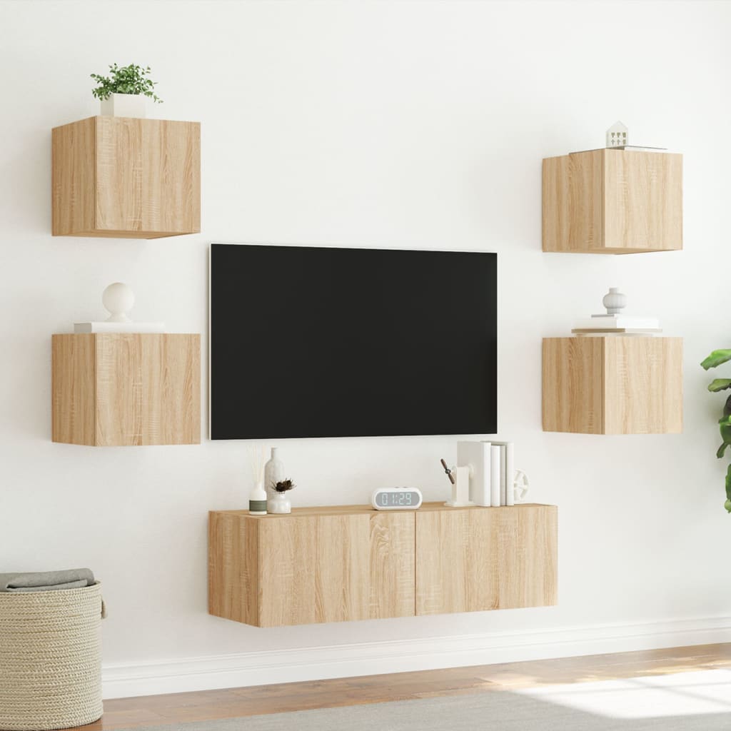 5-delige Tv-wandmeubelset met LED-verlichting sonoma eikenkleur is nu te koop bij PeponiXL, paradijselijk wonen!