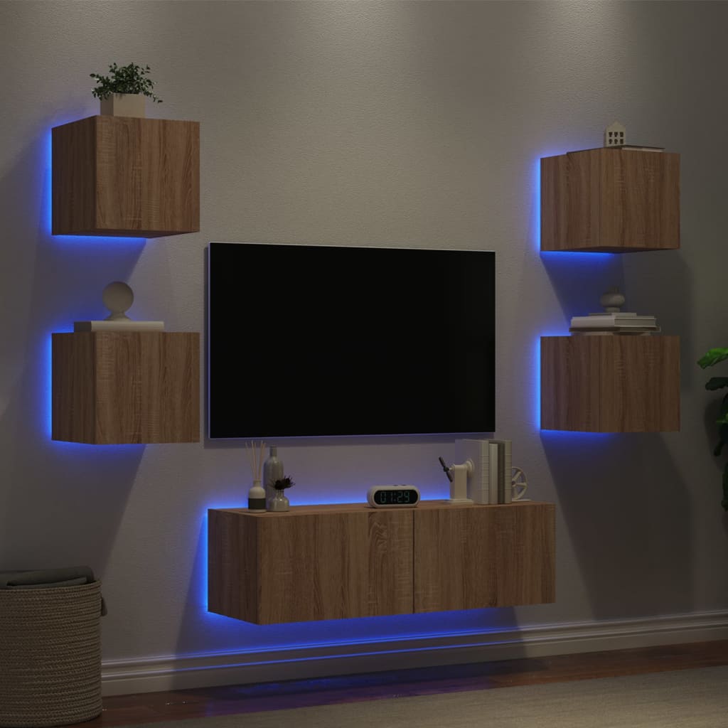 5-delige Tv-wandmeubelset met LED-verlichting sonoma eikenkleur is nu te koop bij PeponiXL, paradijselijk wonen!