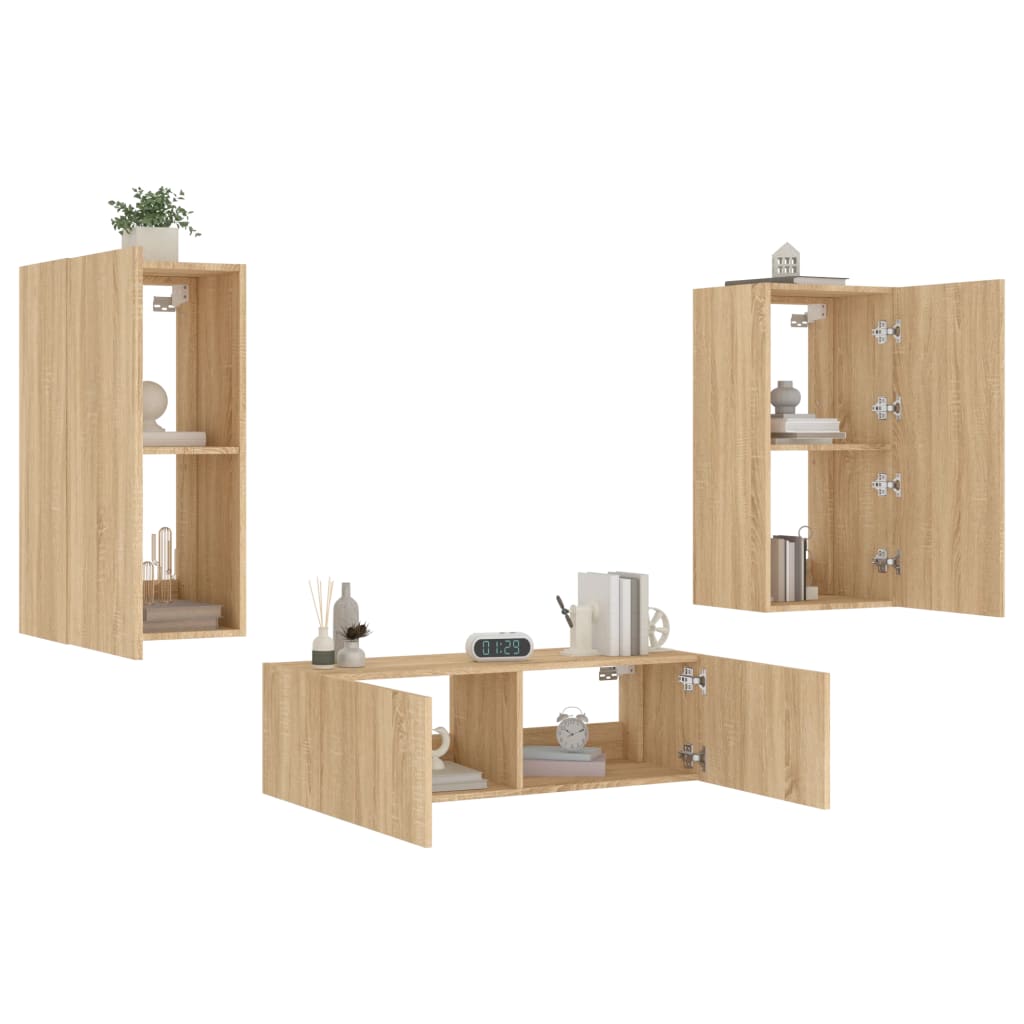 3-delige Tv-wandmeubelset met LED-verlichting sonoma eikenkleur is nu te koop bij PeponiXL, paradijselijk wonen!